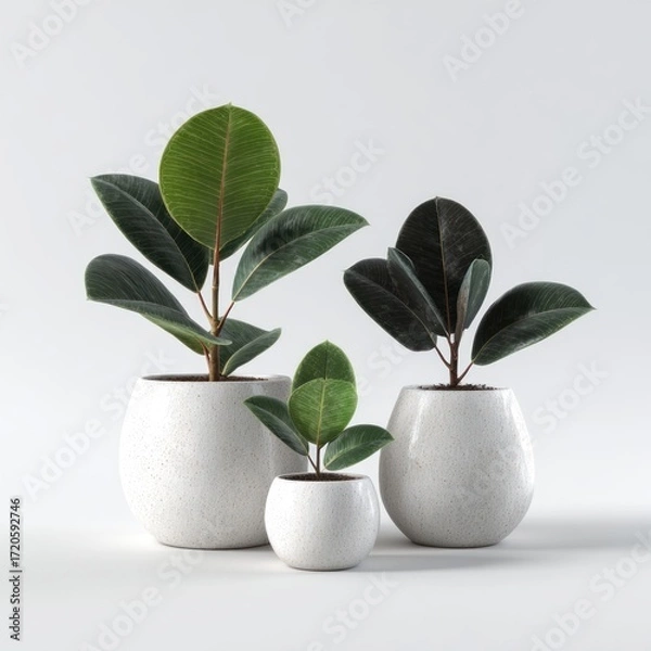 Fototapeta Three potted rubber plants in varying sizes, featuring smooth white textured pots against a stark, solid white background in bright lighting