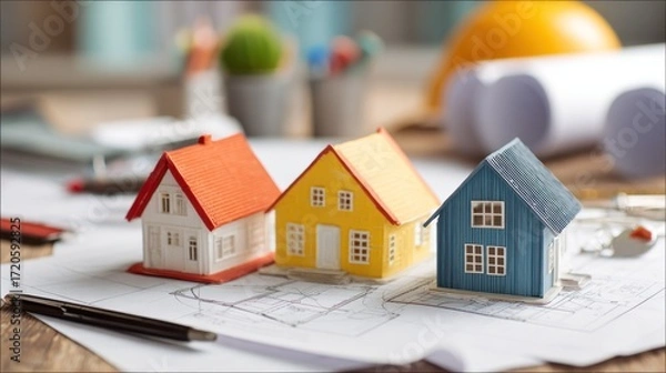 Fototapeta Three miniature model houses atop an architectural blueprint, with pens, a plant, and a hard hat subtly blurred in the background