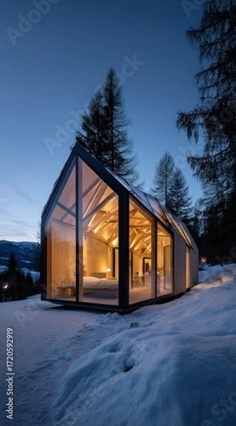 Fototapeta Modern glass-walled cabin on a snowy hill at dusk, interior aglow with warm light. Trees in the background, minimalist design