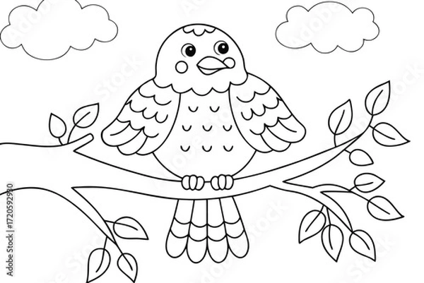 Fototapeta Cartoon Bird Sitting on a Tree Branch with Clouds Keywords: bird, cartoon, cute, outline, drawing, illustration, tree branch, leaves, clouds, sky