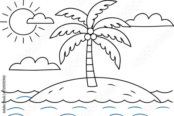 Fototapeta Cartoon Line Art of a Tropical Island with Palm Tree Sun and Clouds Keywords: island, palm tree, ocean, water, waves, sun, sky, clouds, tropical