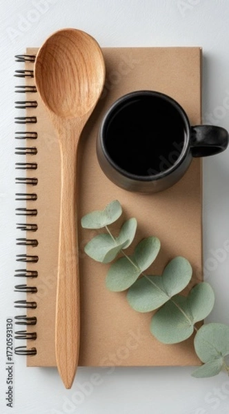 Obraz Minimalist flat lay featuring a wooden spoon, black mug, journal, & eucalyptus branch on a white background. A cozy, simple aesthetic