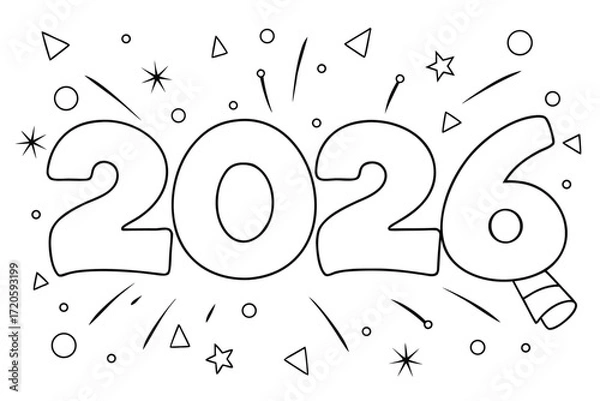 Fototapeta Festive 2026 New Year celebration text with confetti and fireworks line art numbers