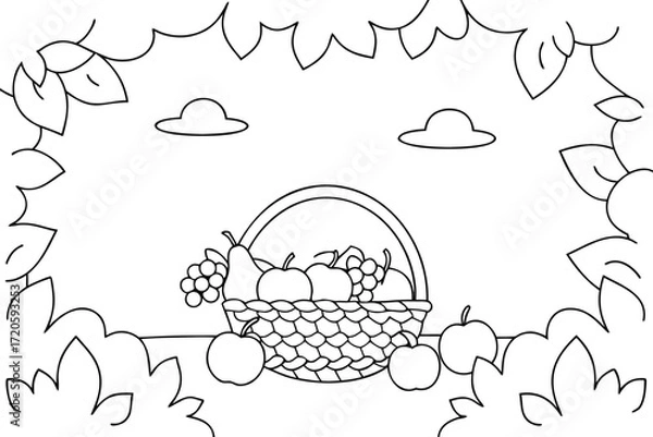 Fototapeta Outline Drawing of a Fruit Basket Surrounded by Leaves Keywords: fruit, basket, apples, pears, grapes, drawing, illustration, outline, simple