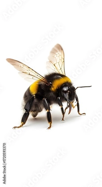 Fototapeta Detailed close-up of a vibrant bumblebee, wings outstretched, against a simple white background. Its black and yellow striped body, hairy texture, and delicate, translucent wings are clearly visible.