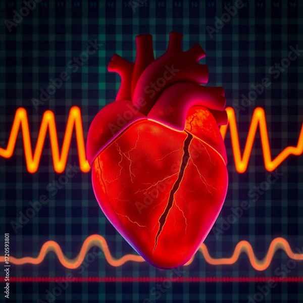 Fototapeta Human heart on an ECG graph background, glowing bioluminescent colors, natural light effects, vibrant glow, adorable and cute, charming features
