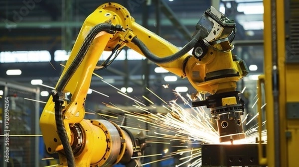 Fototapeta Metal processing robot with a sleek metallic arm, gripper end effector, and control base, operating in a manufacturing workshop to weld, cut, or assemble steel parts, connected to a control system and