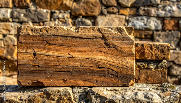 Fototapeta Large block of petrified wood with detailed grain on a rustic stone wall.