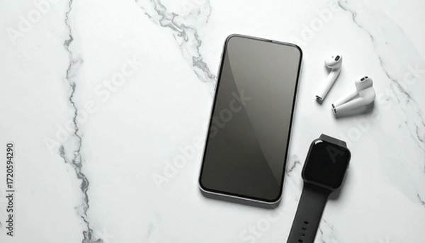 Fototapeta Smartphone smartwatch and wireless earbuds on a marble surface.