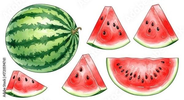 Fototapeta A vibrant watercolor illustration presents a whole watermelon and various slices, showcasing the fruit's characteristic red flesh and green rind, detailed with black seeds.