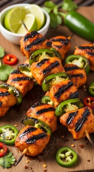 Fototapeta Grilled chicken and jalapeno skewers, glistening with a flavorful glaze, are arranged attractively on a wooden board, perfect for a summer meal.