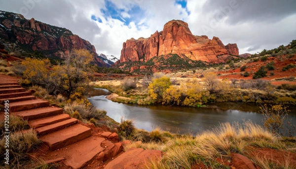 Fototapeta Red Rock Canyon Scenic Trail with River and Clouds.