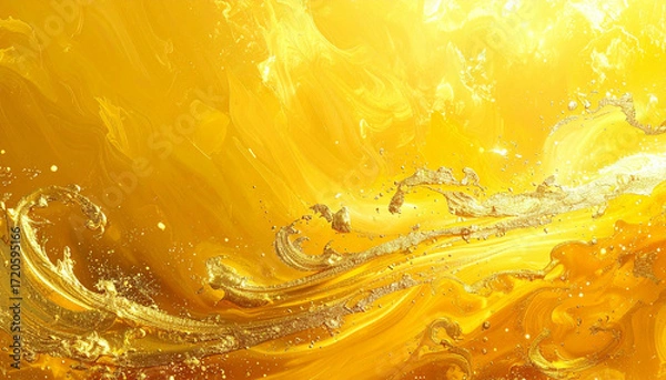 Fototapeta Golden Liquid Swirls Abstract Background with Bubbles and Light Reflections.