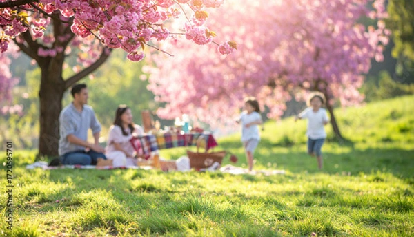 Fototapeta Family enjoying a picnic under blooming cherry trees in spring.