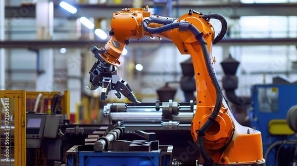 Fototapeta Metal processing robot with a sleek metallic arm, gripper end effector, and control base, operating in a manufacturing workshop to weld, cut, or assemble steel parts, connected to a control system and