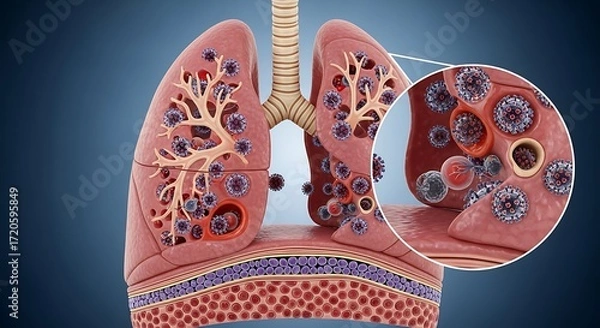 Fototapeta Medical illustration showcases a detailed anatomical view of infected lungs, highlighting the intricate internal structures and viral presence.