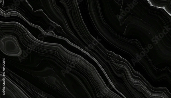 Fototapeta Dark Black Marble Texture with Fluid Grey Veins Abstract Background.