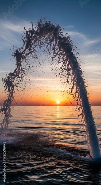 Fototapeta A dramatic water fountain erupts in an arch, spraying a beautiful mist into the air, against the backdrop of a breathtaking sunrise over the calm sea.