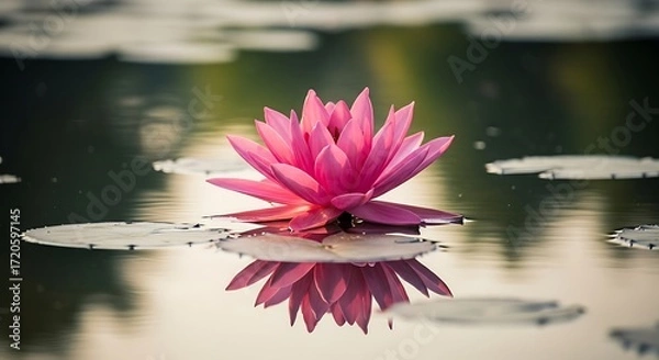 Fototapeta A serene pink lotus flower rests gracefully on tranquil water, its reflection mirroring its delicate beauty.