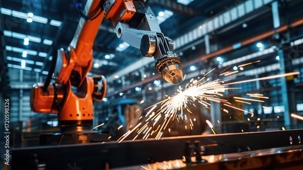 Fototapeta Metal processing robot with a sleek metallic arm, gripper end effector, and control base, operating in a manufacturing workshop to weld, cut, or assemble steel parts, connected to a control system and