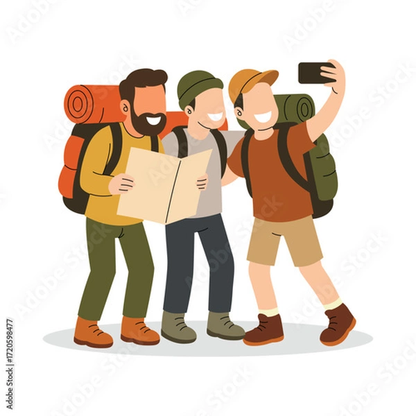 Fototapeta Group of Friends Hiking and Taking a Selfie. Illustration of three cheerful hikers with backpacks, one holding a map while another takes a selfie