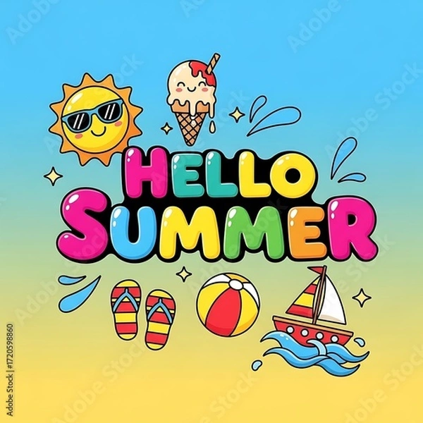 Fototapeta A vibrant graphic design welcomes summer with cheerful colors, fun icons, and a playful message.