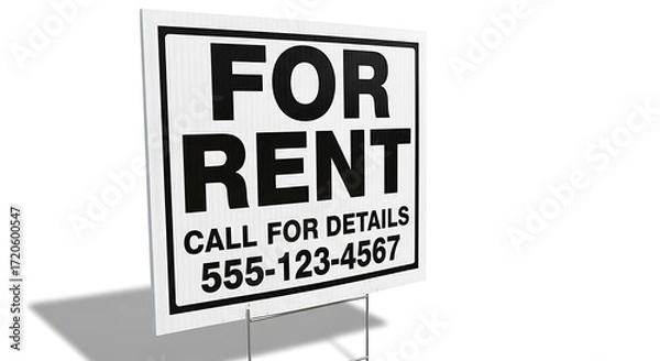 Fototapeta A simple, white yard sign proclaims "For Rent" with a black phone number for inquiries.