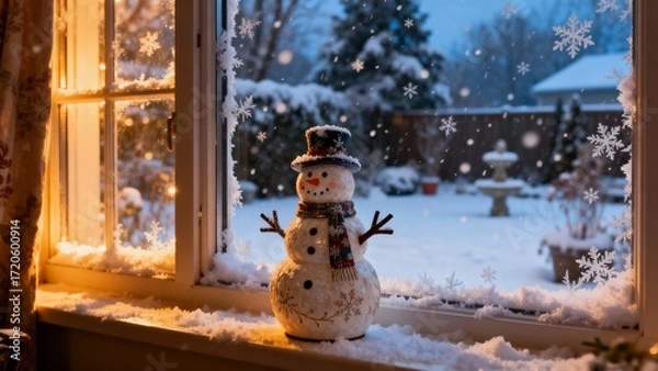 Obraz 창가의작은눈사람과눈오는겨울풍경
