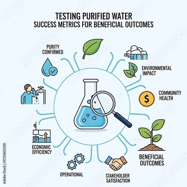 Fototapeta A diagram illustrating the success metrics for purified water, encompassing purity, economic efficiency, operational aspects, stakeholder satisfaction, environmental impact, community health, and...