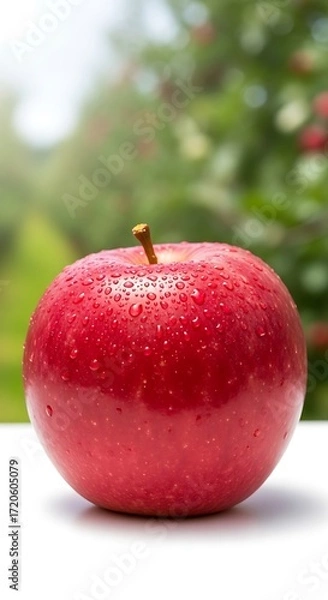 Fototapeta Close-up of a single, vibrant red , covered in water droplets, positioned against a blurred background of a garden.