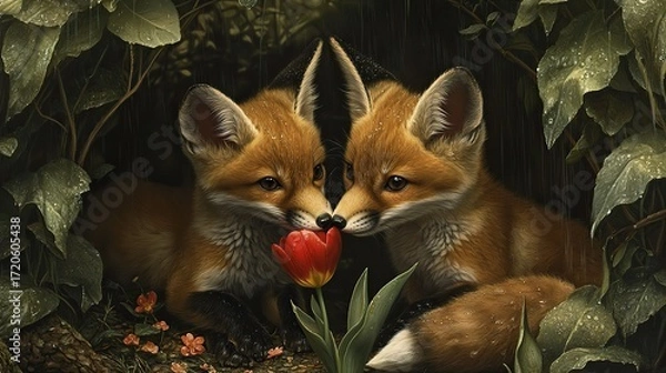 Obraz Two fox kits rest under a leafy archway, sharing a red tulip between their snouts as soft rain falls around them png