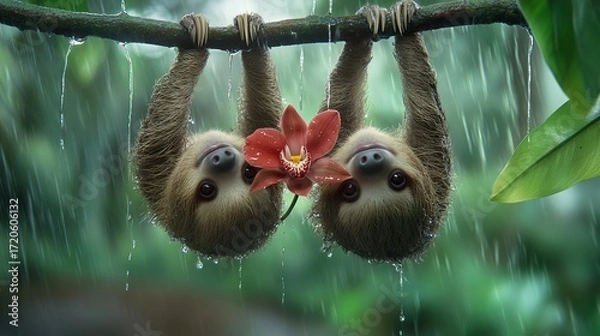 Obraz Two sloths hanging upside down from a wet branch with a red orchid between their paws