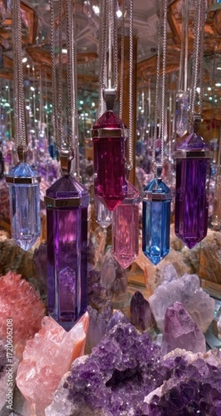 Fototapeta Colorful crystals and gemstones adorn a display.