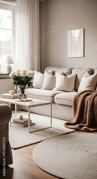 Fototapeta A cozy living room interior featuring a neutral color palette and a round rug.