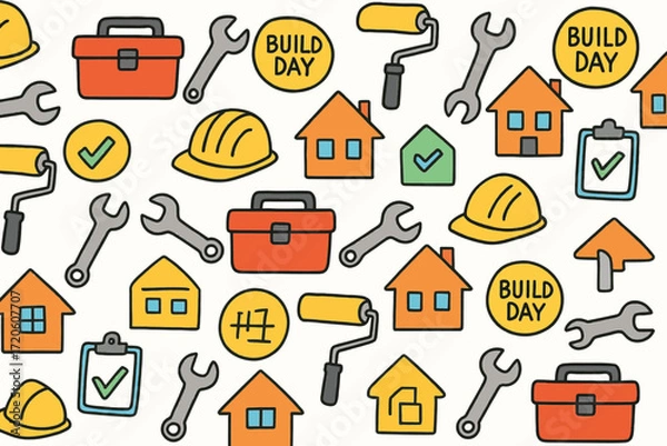 Fototapeta Construction Tools and House Icons Pattern with Hard Hats and Build Day Signs