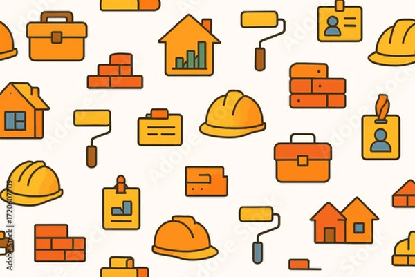 Fototapeta Construction and Home Improvement Pattern with Hard Hats Bricks and Tools