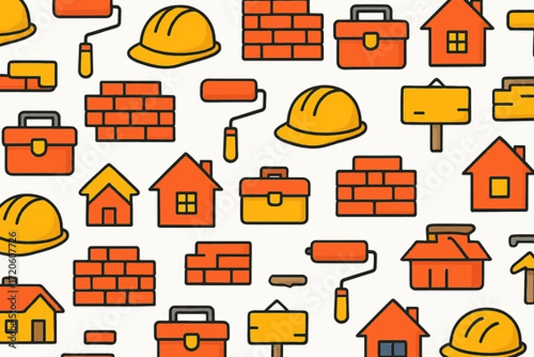 Fototapeta Construction and Home Improvement Pattern with Hard Hats Bricks and Tools