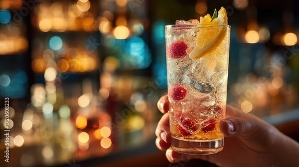 Fototapeta Hand holds a cocktail with ice, raspberries, and an orange slice at the bar. Perfect for menus, drink recipes, or a happy hour promotion image.