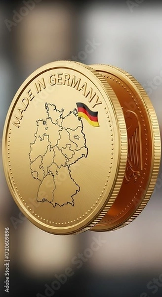 Fototapeta A detailed, golden coin depicting the map of Germany, along with the national flag, is presented in a creative 3D rendering.