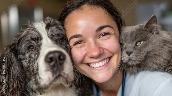 Fototapeta Smiling vet hugs a dog and a cat, looking at the camera. Perfect for veterinary clinic ads or pet care websites and articles.