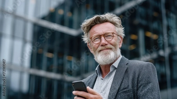 Fototapeta Smiling senior man using mobile phone, stands before modern building. Ideal to depict leadership, technology use, or successful professionals.