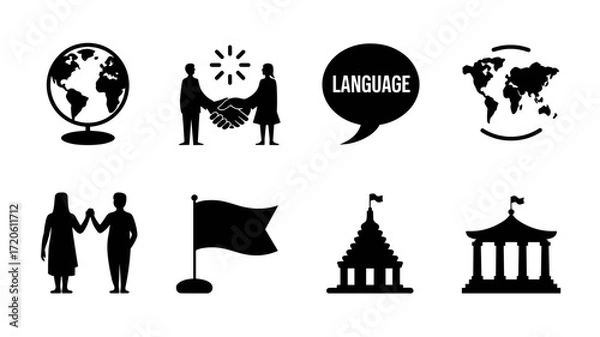 Fototapeta Collection of vector culture icons including globe, handshake, language, people, flags and temples
