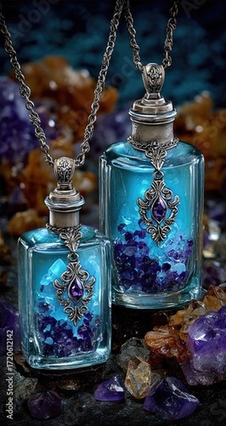 Fototapeta Two decorative glass bottles filled with crystals, resting on a dark surface.