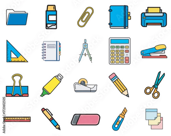 Fototapeta Lineal color stationery and office icon set with 20 essential school business and work tools