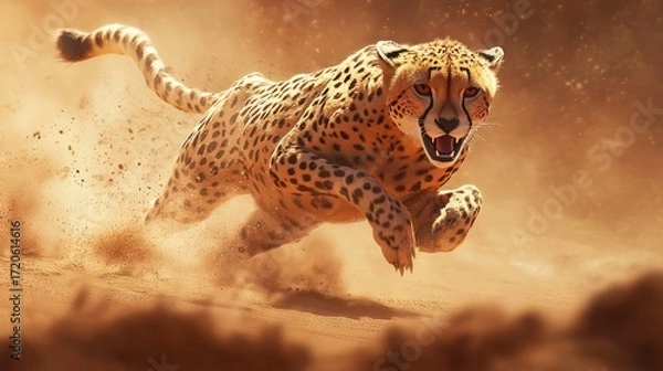 Fototapeta Cheetah in Motion: A Majestic Sprint Across the African Savanna