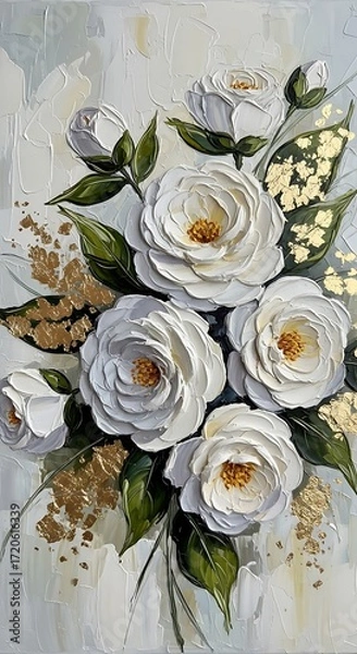 Fototapeta A captivating floral arrangement, rendered in textured white roses, accented by rich gold leaf accents, creates a serene and elegant mood on a light gray background.