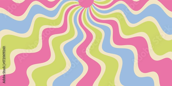 Fototapeta Groovy retro sun burst swirl and sunshine elements in a wavy pink background. Sun ray pattern with y2k style, bright graphic burst for modern abstract and vintage uses, horizontal orientation.
