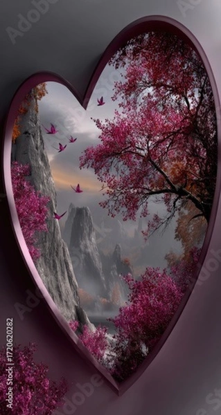 Fototapeta Heart-shaped window displaying a serene landscape with pink blossoms and flying birds.