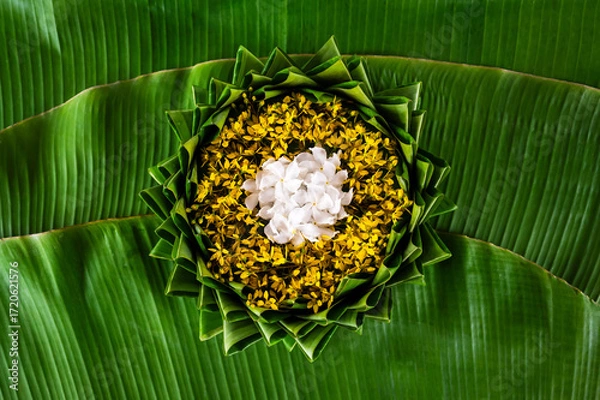 Fototapeta Top view of  Krathong decorates with colorful flowers for Thailand full moon or Loy Krathong festival isolated on green banana leaves background.