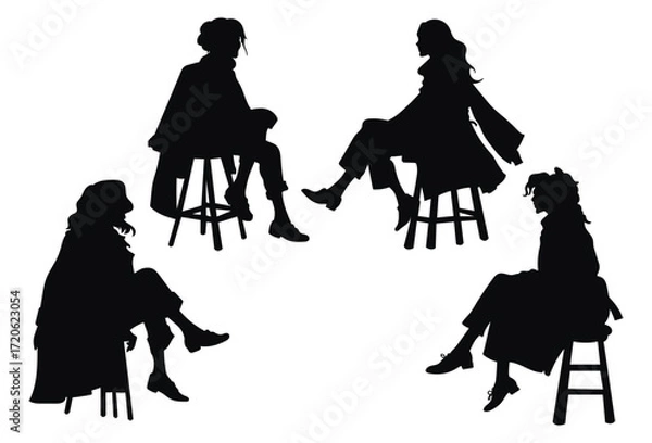 Fototapeta vector silhouette, front view of a group of women sitting on chair